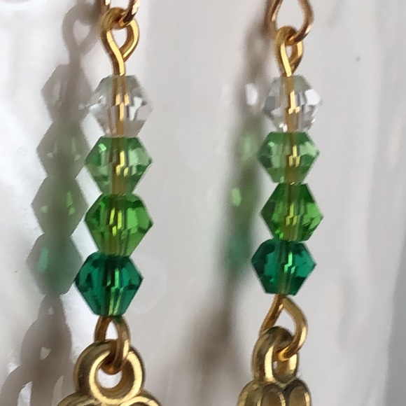 New Shamrock Clover Sparkling Glass Crystal Handmade St Paddy’s Day Earrings - Picture 6 of 8